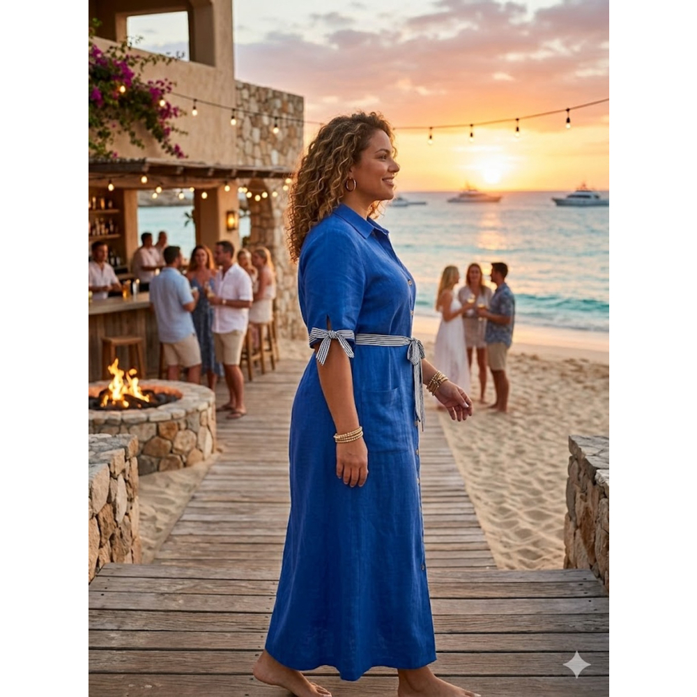 Melissa Harper Blue Linen Rayon Maxi Dress 22W - Picture 2 of 11